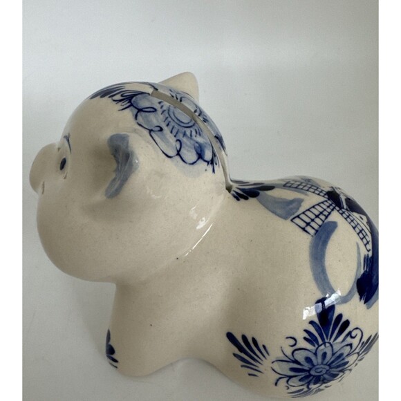 Vtg Delft Blue White Ceramic Hand Painted Piggy Bank Pig Holland Windmill Gift - Picture 8 of 16